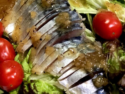 燻製鯖の生ハムサニーレタスミニトマトのサラダ